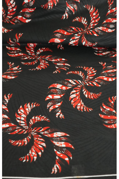 Ashanti Royal – Pagne Wax Gaufré 6 Yards 100% Coton, Fond Noir & Motifs Rouges