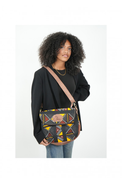 Sac à Main "NAYA" – Cuir Marron & Wax Géométrique Noir/Marron | Porté Épaule ou Bandoulière
