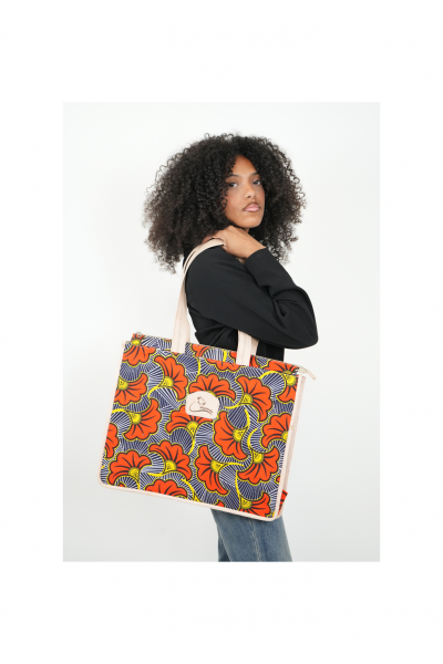 Sac Cabas "Soleya" – Cuir Naturel & Wax Floral Orange | Collection Fleur de Feu