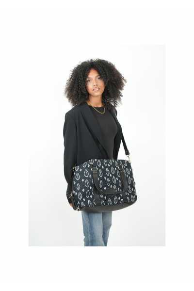 Sac Cabine "KIVU" – Cuir Noir & Wax Noir/Blanc | Bagage de Voyage ou Ordinateur