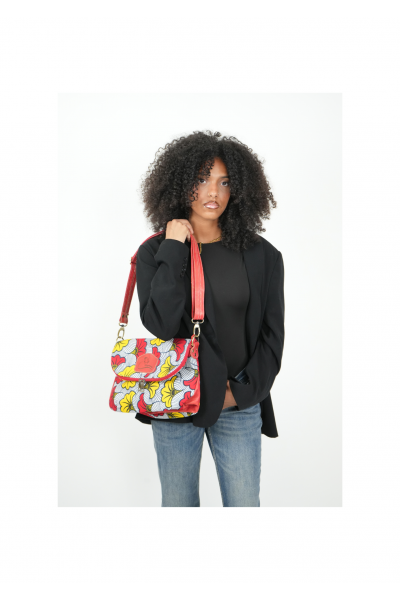Sac Bandoulière/Epaule Tissu Wax Floral Jaune Rouge "Kora" – Collection Pure Wax