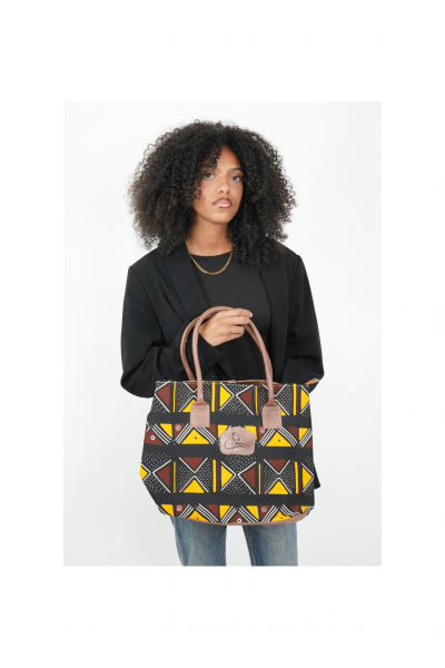 Sac à Main Cuir & Wax Ébène Graphique – Collection Terre Ébène