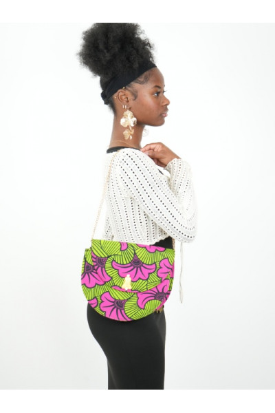 Amanite Pétale – Sac Floral Wax Fuchsia & Vert avec Bijou Doré | Collection Terre d’Agô
