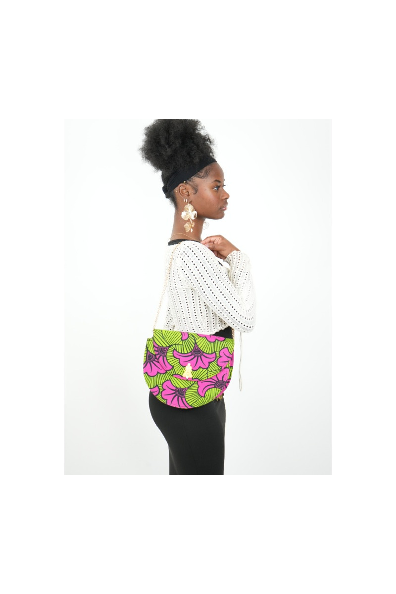Amanite Pétale – Sac Floral Wax Fuchsia & Vert avec Bijou Doré | Collection Terre d’Agô
