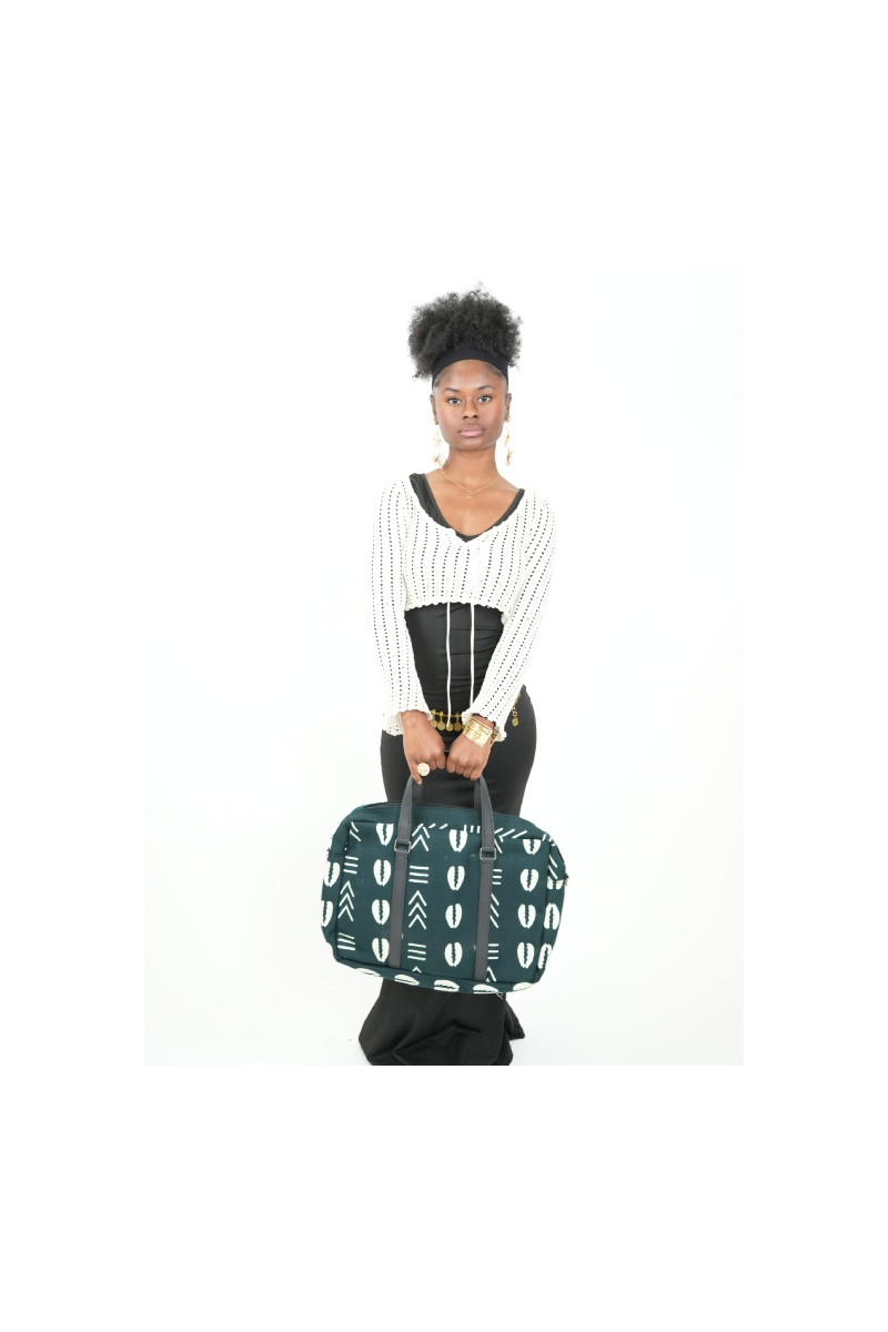 NDAYA – Sac Ordinateur Solide & Épais en Tissu Wax Vert à Motifs Blancs | Format Pro 15’’