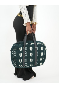 NDAYA – Sac Ordinateur Solide & Épais en Tissu Wax Vert à Motifs Blancs | Format Pro 15’’