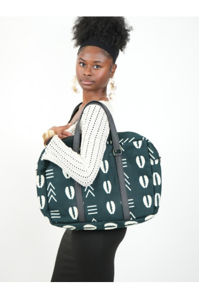 NDAYA – Sac Ordinateur Solide & Épais en Tissu Wax Vert à Motifs Blancs | Format Pro 15’’